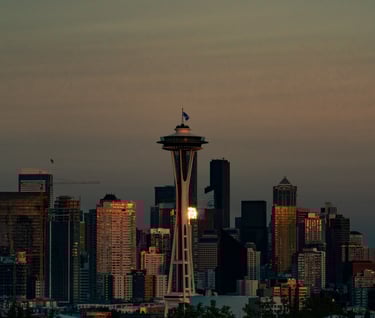 Seattle skyline at sunset in Washington State