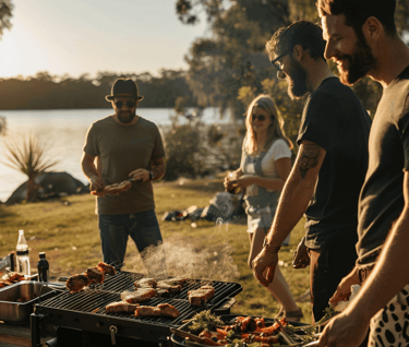 a group of people standing around a grill