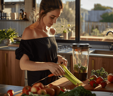 a woman is standing in a kitchen with a blender