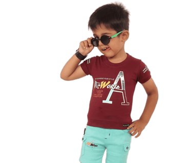 a young boy in a red shirt and sunglasses