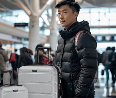 a man in a black jacket and a white suitcase