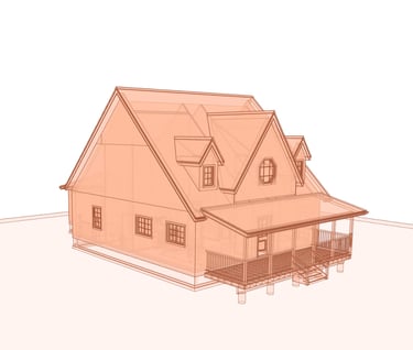 Wireframe image of a small house with steep roof and dormers.