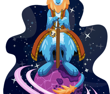 Hasur en pirate de l'espace posant fièrement sur une planète