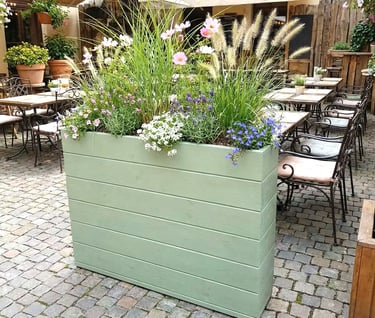 tall restaurant planter on wheels shallow bottom WOODEN OUTDOOR PLANTER GARDEN SOLID WOOD HANDMADE UK LONDON THROUGH