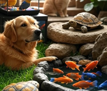 Dog with golden fur and turtle looking to him