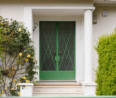 a green door with a green gate and a green gate