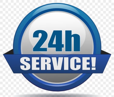 a service center with a blue ribbon around the logo