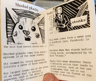 two pages of the zine. shocked pikachu and stonks