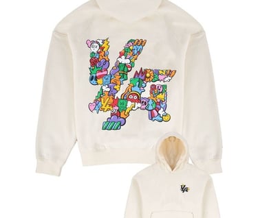 a white hoodie with a colorful, cartoon - like design