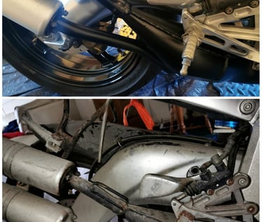 Aprilia RS250 before and after restoration swingarm and exhausts