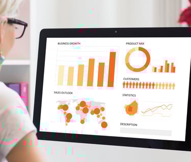 woman viewing computer screen with data visualization
