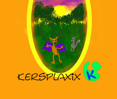 A card image of the Kersplaxix game with a small bat-gremlin character befuddling a squirrel