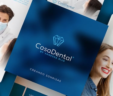 a variety of dental care products displayed on a blue background dental brand