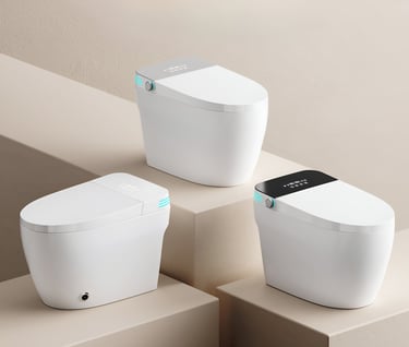 Smart toilet bowls in white, black and silver panels