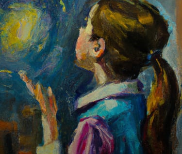 a painting of a girl looking at a star