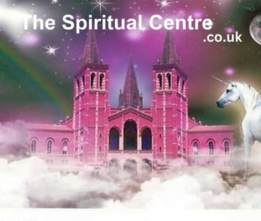 The Spiritual Centre, a pink building in clouds with rainbows and unicorn