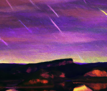 a purple sky with stars and a mountain in the background