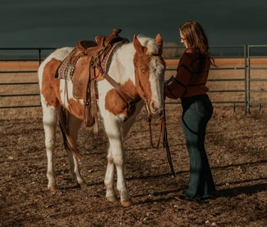 a woman tacking up a horse