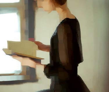 a woman sitting on a chair with a book 