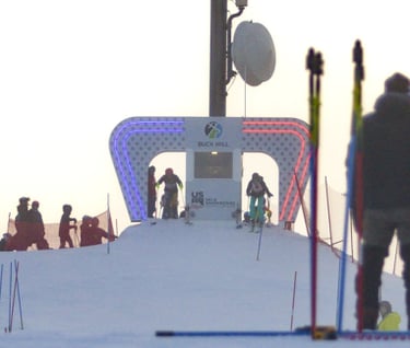 a group of people skiing down a snowy slope