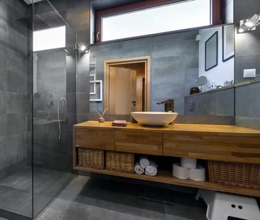 salle de bain avec douche italienne et vasque, carrelage toute hauteur moderne couleur ardoise