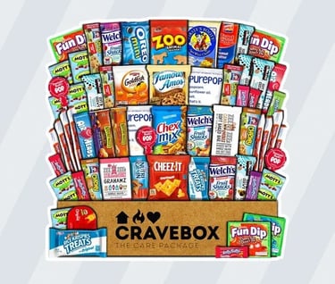 a box of cravebox with a variety of snacks