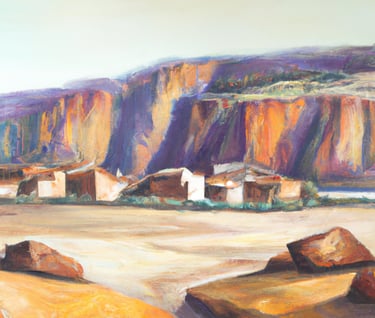 a painting of a mountain scene with a river and a mountain in the background