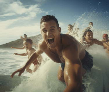 Group of men and women surfing at the beach