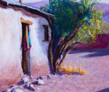 a painting of a house with a tree in the background