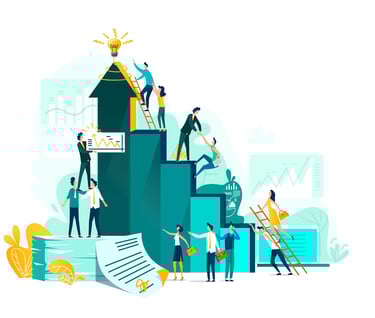 a group of people standing on top of a pile of money
