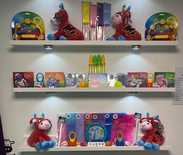A picture of all the instruments and sensory toys on shelves in the moo room ready to purchase.