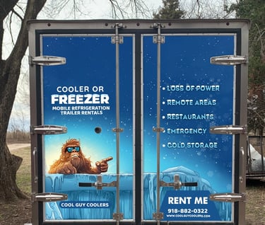 Back doors of a Cool Guy Coolers trailer used for emergency cold storage during power outages