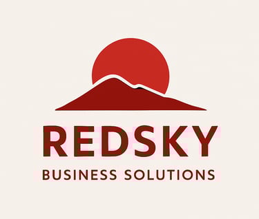 a red sky business logo with a mountain in the background