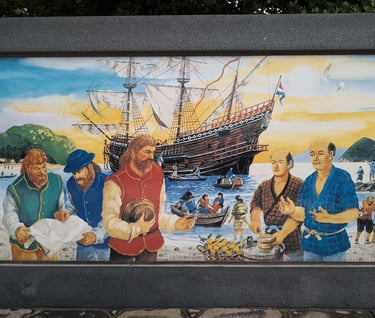Depiction of William Adams' arrival in 1600 on Kuroshima in Usuki.
