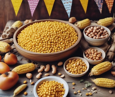 milhos e amendoins em uma mesa enfeitada com bandeirinhas