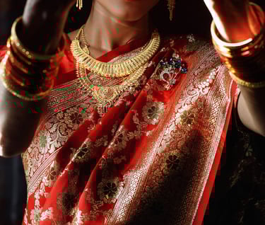 a woman in a red sari gold jewelry temple jewellery