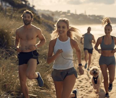 a group of people running on a beach