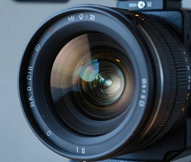 A detailed shot of a cinema camera lens with reflections of a professional studio lighting setup in dark navy and steel blue tones.