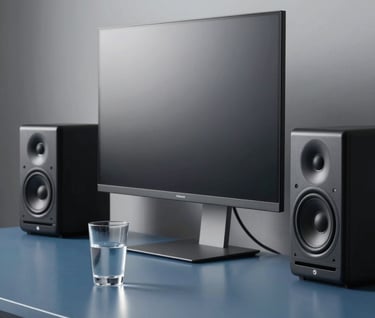 A sleek, minimalist workspace with a large monitor, high-end speakers, and a glass of water on a steel blue desk, professional and clean style.