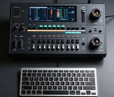 Top-down shot of professional video editing hardware and a sleek keyboard on a dark desk with soft mist white highlights.