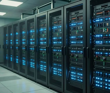 A cinematic wide shot of a modern data center with glowing blue lights, edited with a crisp, professional finish and muted seafoam green highlights.