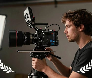 A professional filmmaker working on set, captured in a profile shot with dramatic cutting-edge lighting.