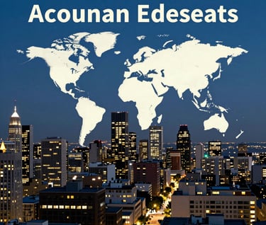 A crisp, professional photograph of an outdoor urban scene at dusk, used as a backdrop for the commercial. The city lights are a soft off-white, and the sky is a deep slate blue, creating a sense of global connectivity and sophisticated design.