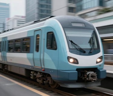A dynamic action shot from the video project showing a modern train moving through a city. The motion is captured with a slight blur, emphasizing speed, with colors of slate ocean blue and soft arctic mist.
