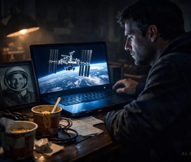 Homme simulant une arnaque au faux astronaute devant son écran.