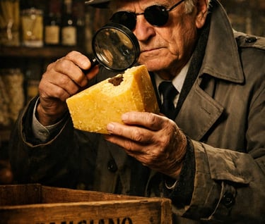 Un détective âgé examine à la loupe une part de parmesan mordue dans une épicerie