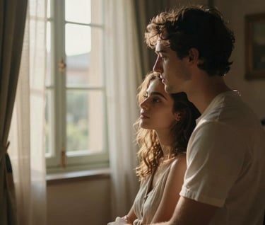 Spontaneous photography of a young couple sharing a quiet, authentic moment inside a warm, sunlit Southern European / Italian villa. The composition is intimate and cinematic, with light filtering through linen curtains.
