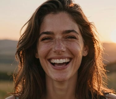 A close-up portrait of a laughing woman with sun-kissed hair, Southern European / Italian features, back-lit by a warm sunset, soft focus background of rolling hills.