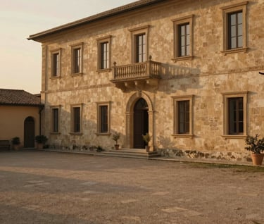 Wide cinematic shot of an Italian villa courtyard during the golden hour, long shadows, warm beige stone walls, a quiet and authentic atmosphere with a soft haze.