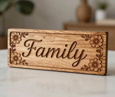 Detailed shot of a laser-engraved wooden sign featuring intricate feminine floral patterns and a personalized family name, rustic but polished aesthetic.
